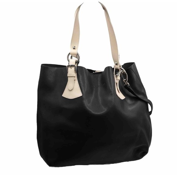 PULICATI Black Genuine Leather Tote Bag Made in Italy Beige Strap Accent 39-14 - Picture 2 of 10